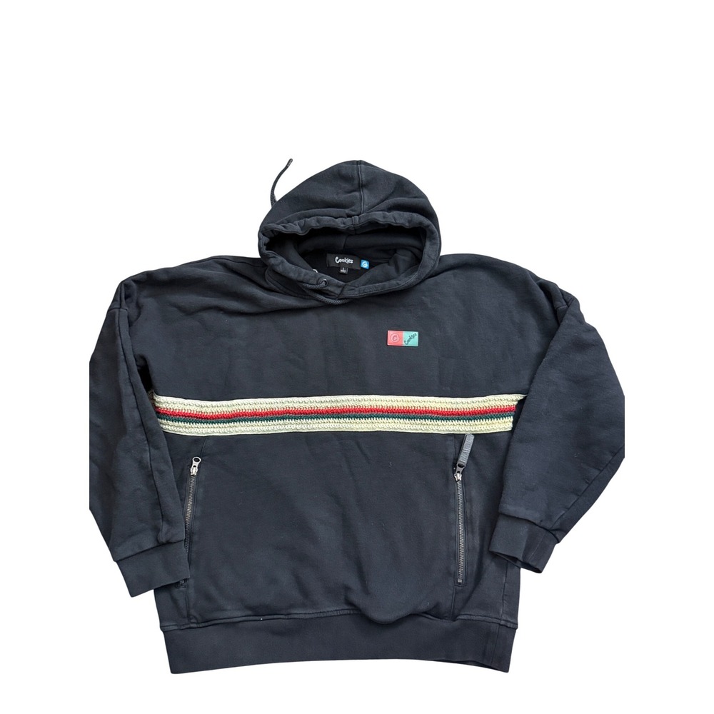 Cookies SF Mens Black Fleece Hoodie Large Striped Chest Zip‎ Pockets GG30